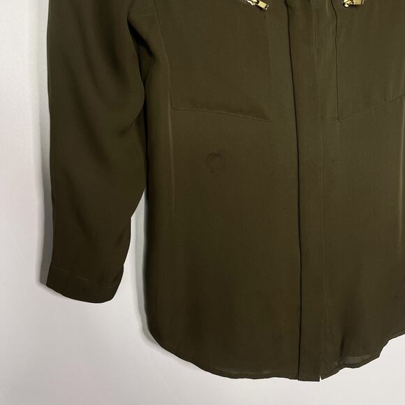 Theory Womens Small S Olive Green Brundia Silk Button Front Blouse Zip Chest Top - Picture 3 of 9